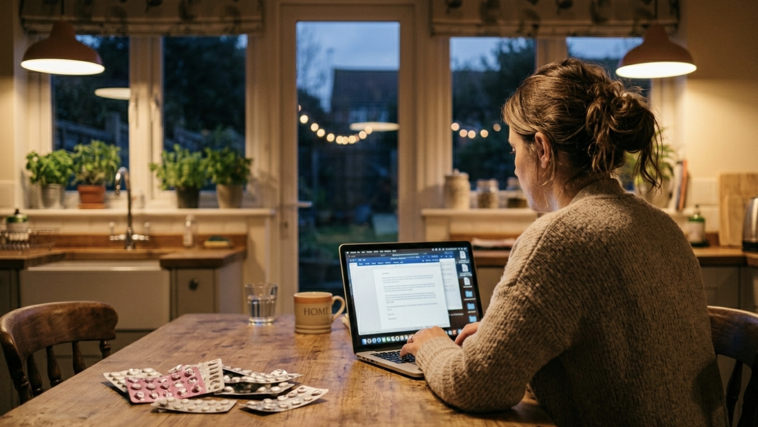 Person vid köksbordet med laptop och mediciner